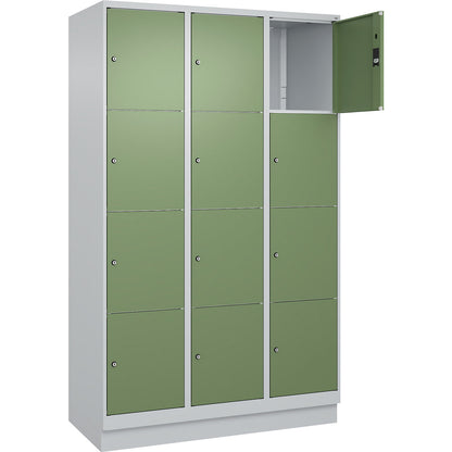 Classic PLUS 4-fold compartment locker, 3 compartments, light grey/reseda green, W 1200 mm, 12 compartments, with base plinth.