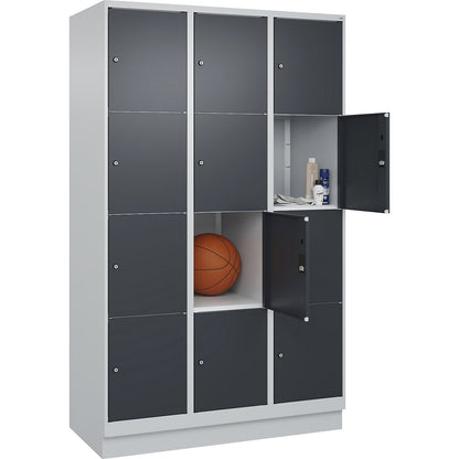 Classic PLUS 4-fold compartment locker, 3 compartments, light grey/grey, W 1200 mm, 12 compartments, with base plinth.