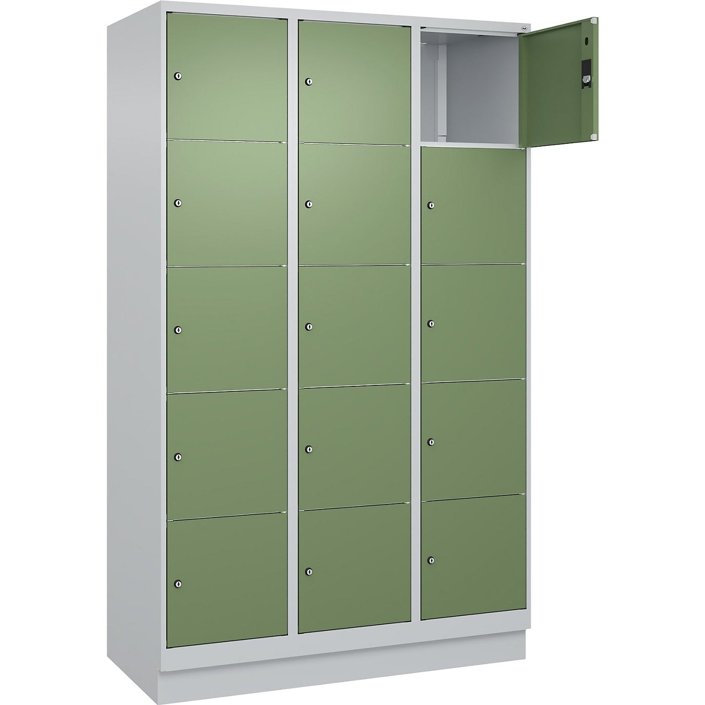 Classic PLUS 5-fold compartment locker, 3 compartments, light grey/reseda green, W 1200 mm, 15 compartments, with base plinth.