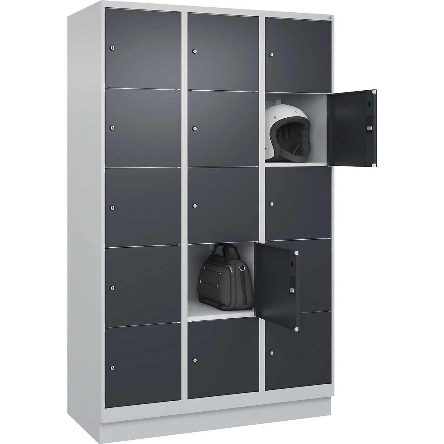 Classic PLUS 5-fold compartment locker, 3 compartments, light grey/grey, W 1200 mm, 15 compartments, with base plinth.