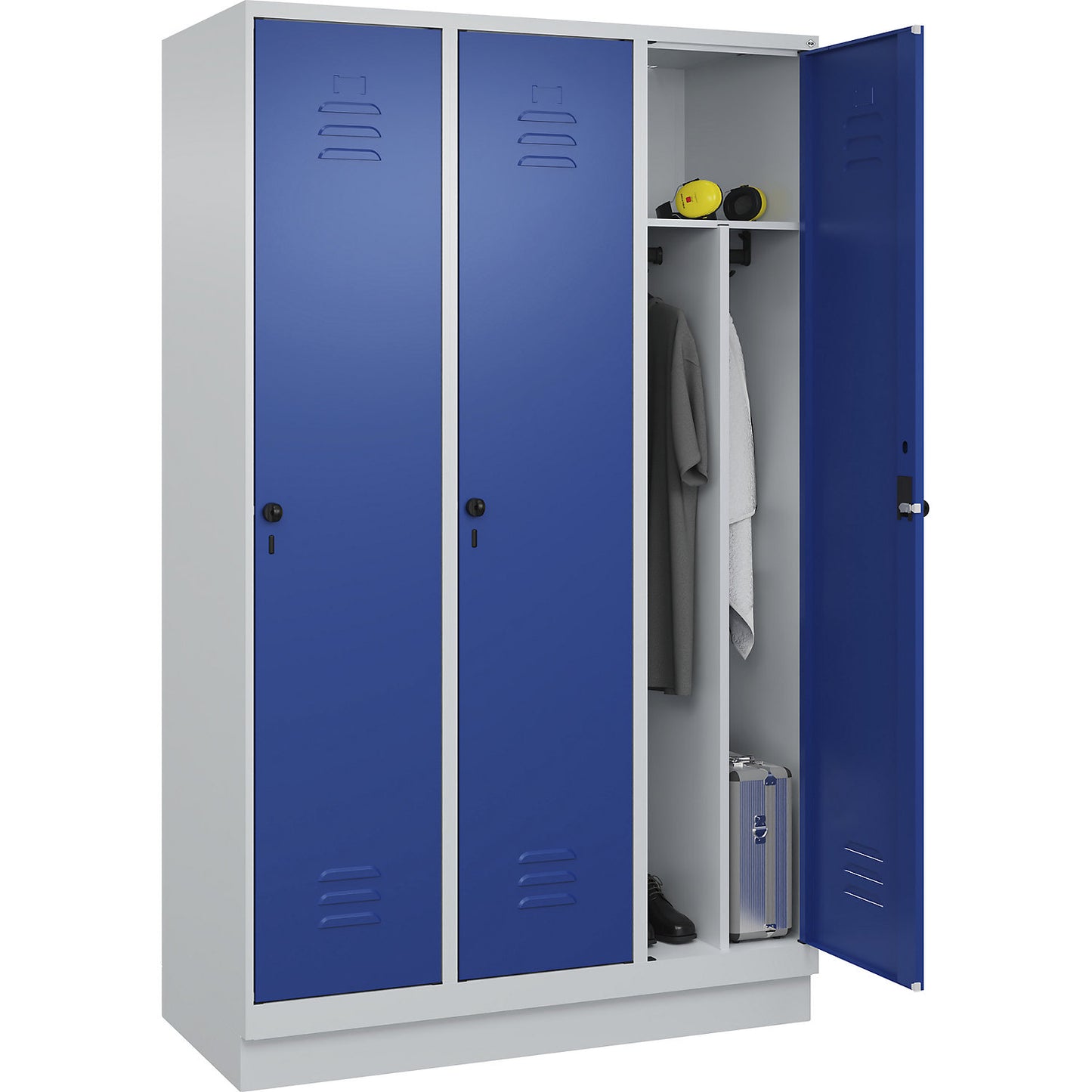 Classic PLUS clean and dirty clothes locker, narrow, 3 compartments, shortened centre divider, light grey/gentian blue, W 1200 mm, with base plinth, rotary bolt, centre partition.