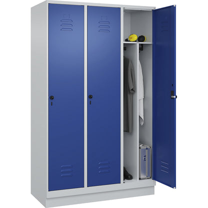 Classic PLUS clean and dirty clothes locker, narrow, 3 compartments, shortened centre divider, light grey/gentian blue, W 1200 mm, with base plinth, rotary bolt, centre partition.