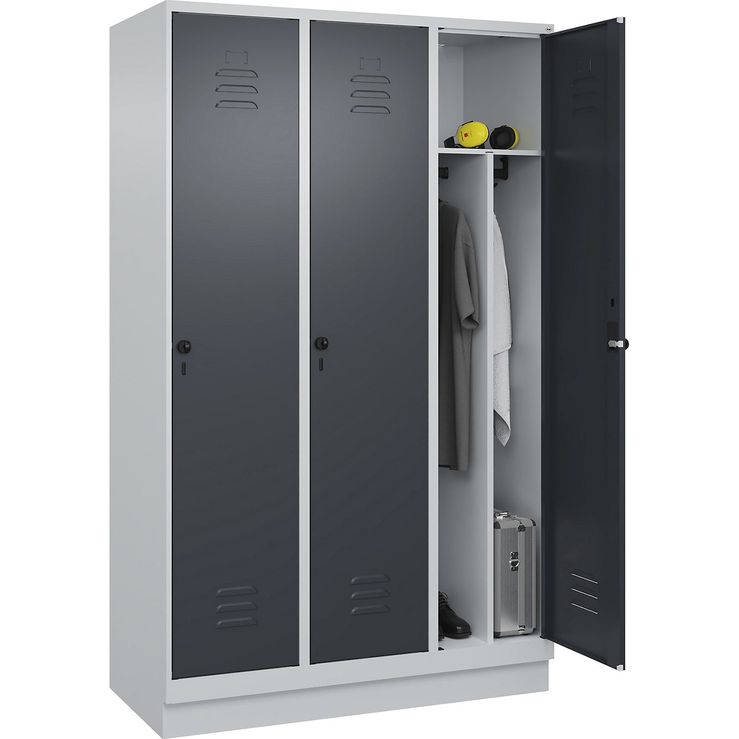Classic PLUS clean and dirty clothes locker, narrow, 3 compartments, shortened centre divider, light grey/grey, W 1200 mm, with base plinth, rotary bolt, centre partition.