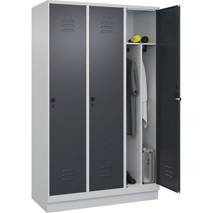 Classic PLUS clean and dirty clothes locker, narrow, 3 compartments, shortened centre divider, light grey/grey, W 1200 mm, with base plinth, rotary bolt, centre partition.