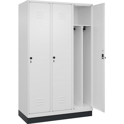 Classic PLUS clean and dirty clothes locker, narrow, 3 compartments, shortened centre divider, traffic white, W 1200 mm, with base plinth, rotary bolt, centre partition.