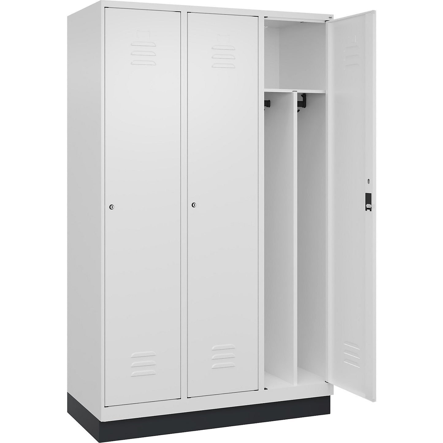 Classic PLUS clean and dirty clothes locker, narrow, 3 compartments, shortened centre divider, traffic white, W 1200 mm, with base plinth, cylinder lock, centre partition.