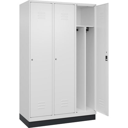 Classic PLUS clean and dirty clothes locker, narrow, 3 compartments, shortened centre divider, traffic white, W 1200 mm, with base plinth, cylinder lock, centre partition.