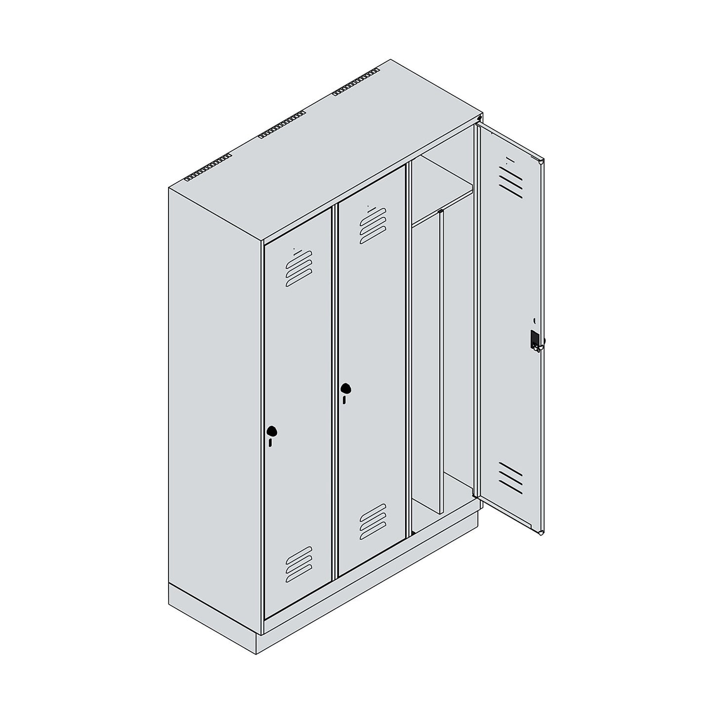 Classic PLUS clean and dirty clothes locker, narrow, 3 compartments, shortened centre divider, light grey/gentian blue, W 1200 mm, with base plinth, rotary bolt, centre partition.