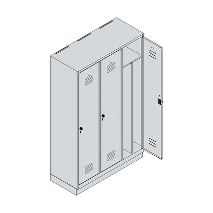Classic PLUS clean and dirty clothes locker, narrow, 3 compartments, shortened centre divider, light grey/gentian blue, W 1200 mm, with base plinth, rotary bolt, centre partition.