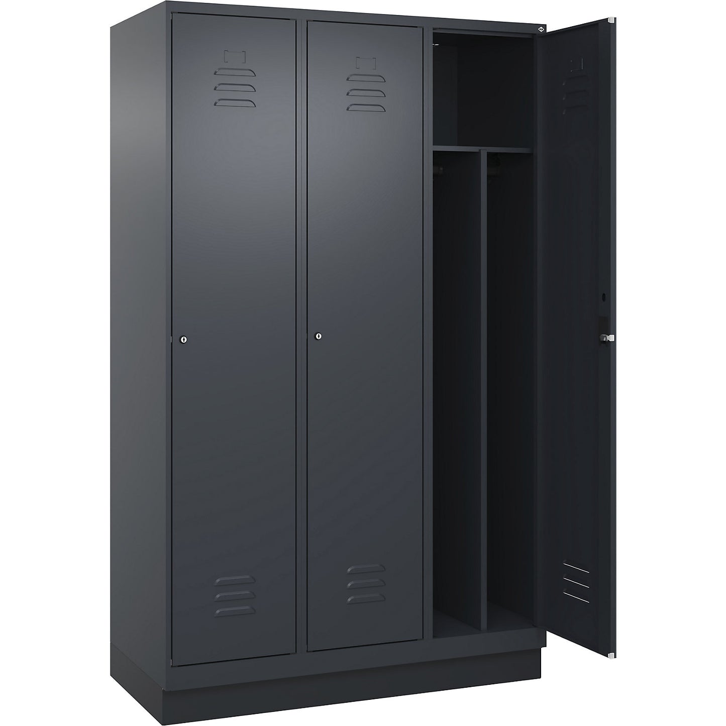 Classic PLUS clean and dirty clothes locker, narrow, 3 compartments, shortened centre divider, grey, W 1200 mm, with base plinth, cylinder lock, centre partition.