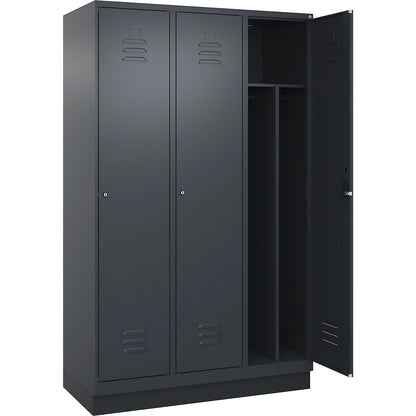 Classic PLUS clean and dirty clothes locker, narrow, 3 compartments, shortened centre divider, grey, W 1200 mm, with base plinth, cylinder lock, centre partition.