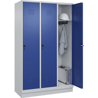 Classic PLUS clothes locker, 3 compartments, light grey/gentian blue, W 1200 mm, with base plinth, rotary bolt.