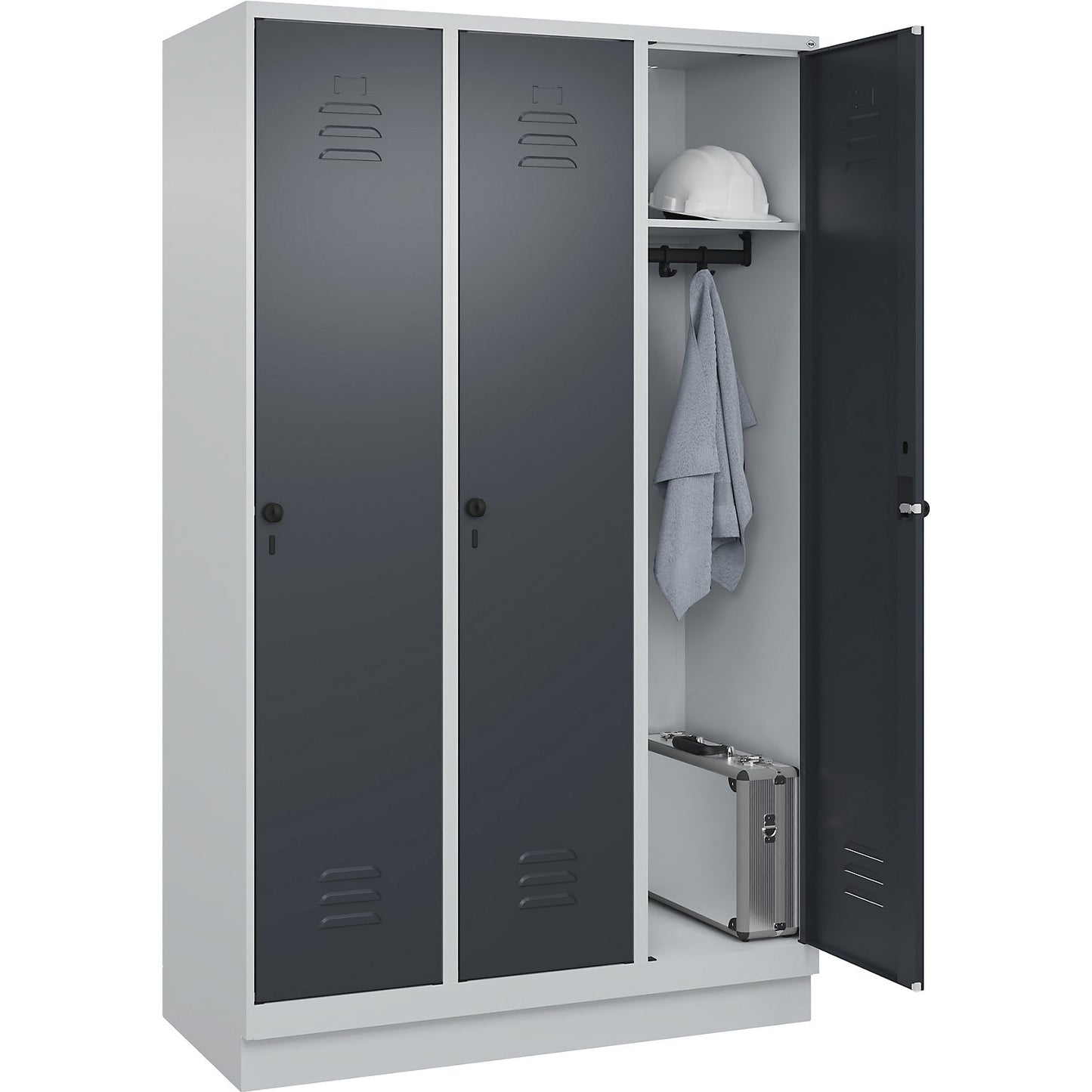 Classic PLUS clothes locker, 3 compartments, light grey/grey, W 1200 mm, with base plinth, rotary bolt.