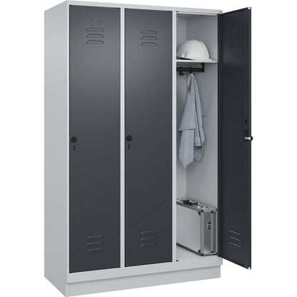 Classic PLUS clothes locker, 3 compartments, light grey/grey, W 1200 mm, with base plinth, rotary bolt.