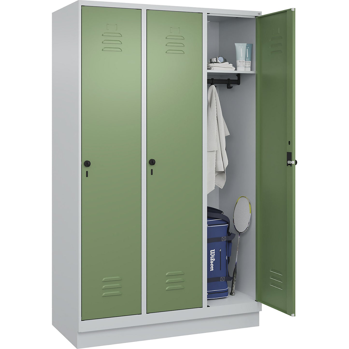 Classic PLUS clothes locker, 3 compartments, light grey/reseda green, W 1200 mm, with base plinth, rotary bolt.