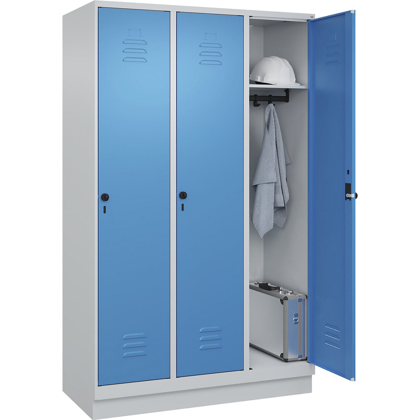 Classic PLUS clothes locker, 3 compartments, light grey/light blue, W 1200 mm, with base plinth, rotary bolt.