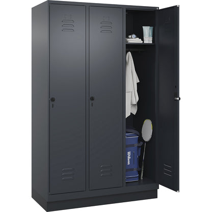 Classic PLUS clothes locker, 3 compartments, grey, W 1200 mm, with base plinth, rotary bolt.