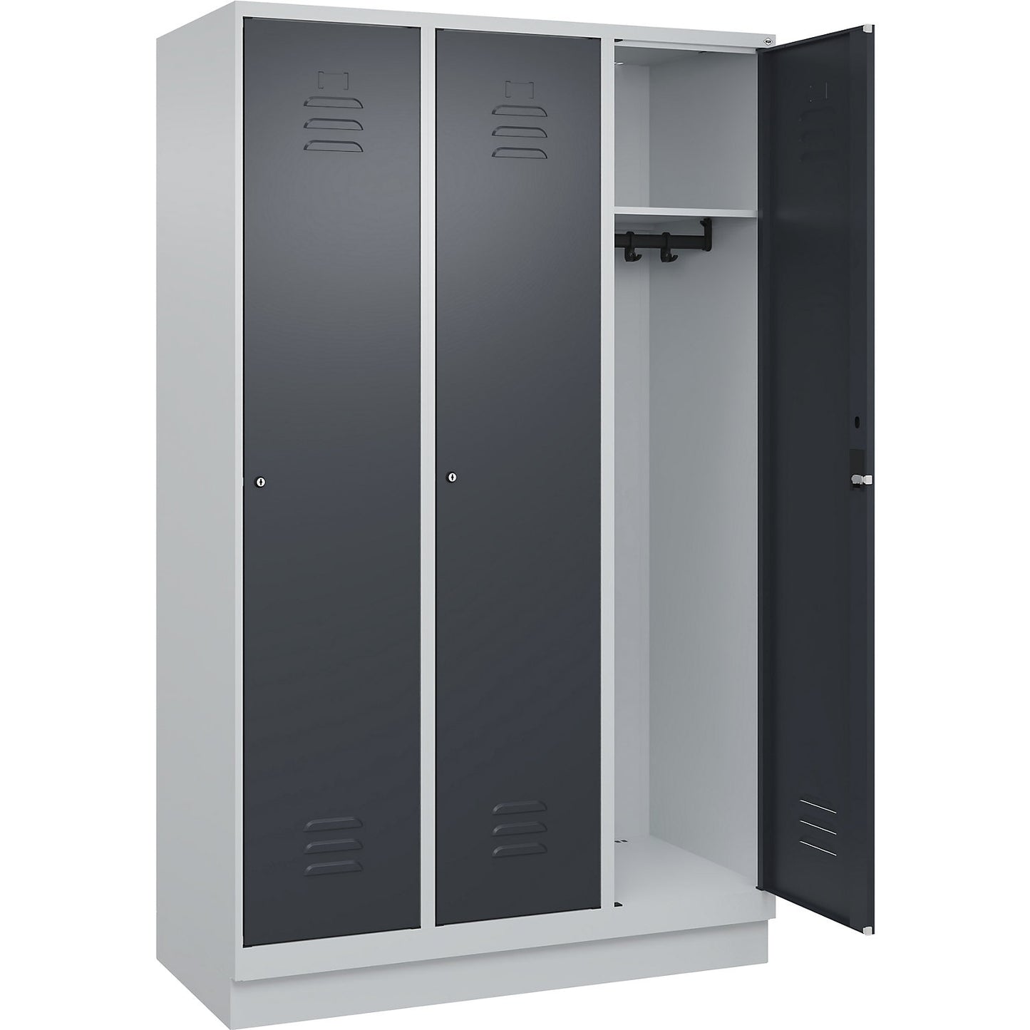 Classic PLUS clothes locker, 3 compartments, light grey/grey, W 1200 mm, with base plinth, cylinder lock.