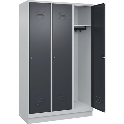 Classic PLUS clothes locker, 3 compartments, light grey/grey, W 1200 mm, with base plinth, cylinder lock.