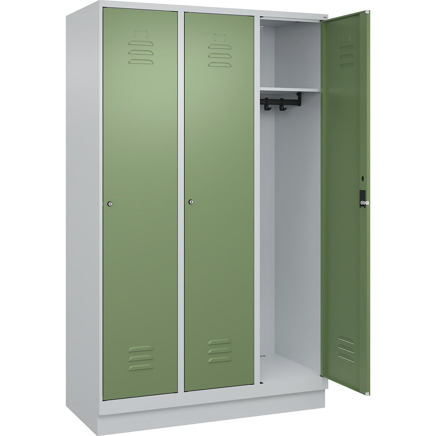 Classic PLUS clothes locker, 3 compartments, light grey/reseda green, W 1200 mm, with base plinth, cylinder lock.
