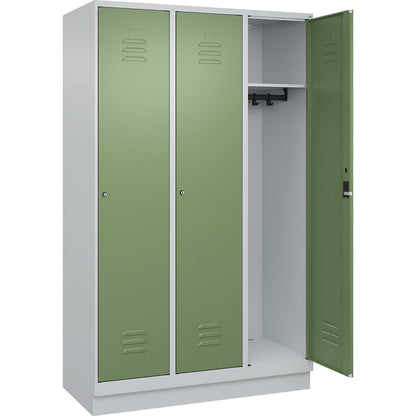 Classic PLUS clothes locker, 3 compartments, light grey/reseda green, W 1200 mm, with base plinth, cylinder lock.