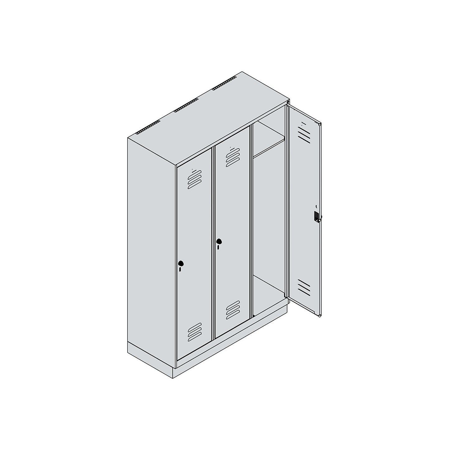 Classic PLUS clothes locker, 3 compartments, light grey/grey, W 1200 mm, with base plinth, rotary bolt.