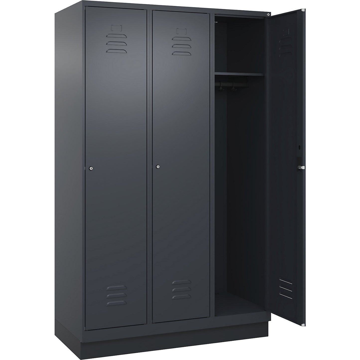 Classic PLUS clothes locker, 3 compartments, grey, W 1200 mm, with base plinth, cylinder lock.
