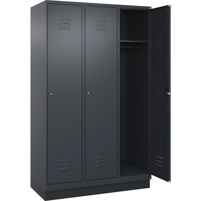 Classic PLUS clothes locker, 3 compartments, grey, W 1200 mm, with base plinth, cylinder lock.