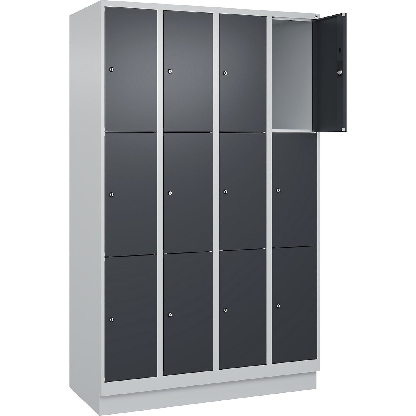 Classic PLUS 3-fold compartment locker, 4 compartments, light grey/grey, W 1200 mm, 12 compartments, with base plinth.