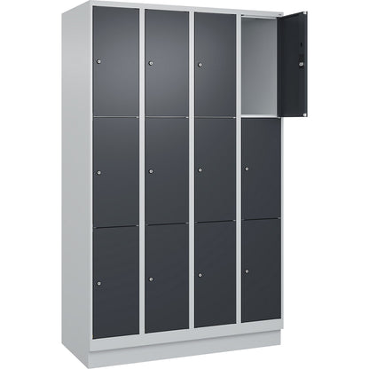 Classic PLUS 3-fold compartment locker, 4 compartments, light grey/grey, W 1200 mm, 12 compartments, with base plinth.