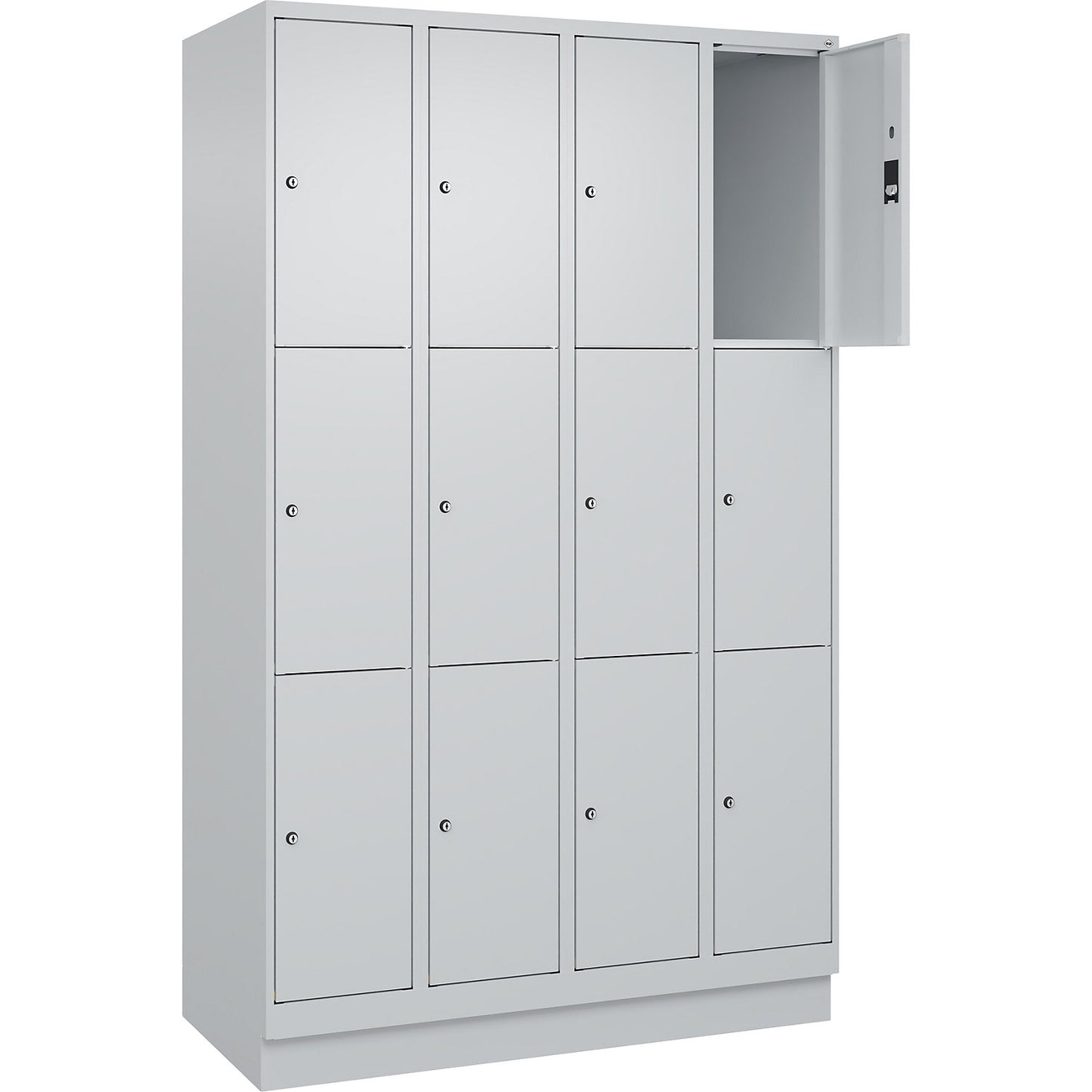 Classic PLUS 3-fold compartment locker, 4 compartments, light grey, W 1200 mm, 12 compartments, with base plinth.