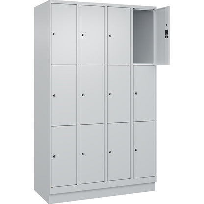 Classic PLUS 3-fold compartment locker, 4 compartments, light grey, W 1200 mm, 12 compartments, with base plinth.