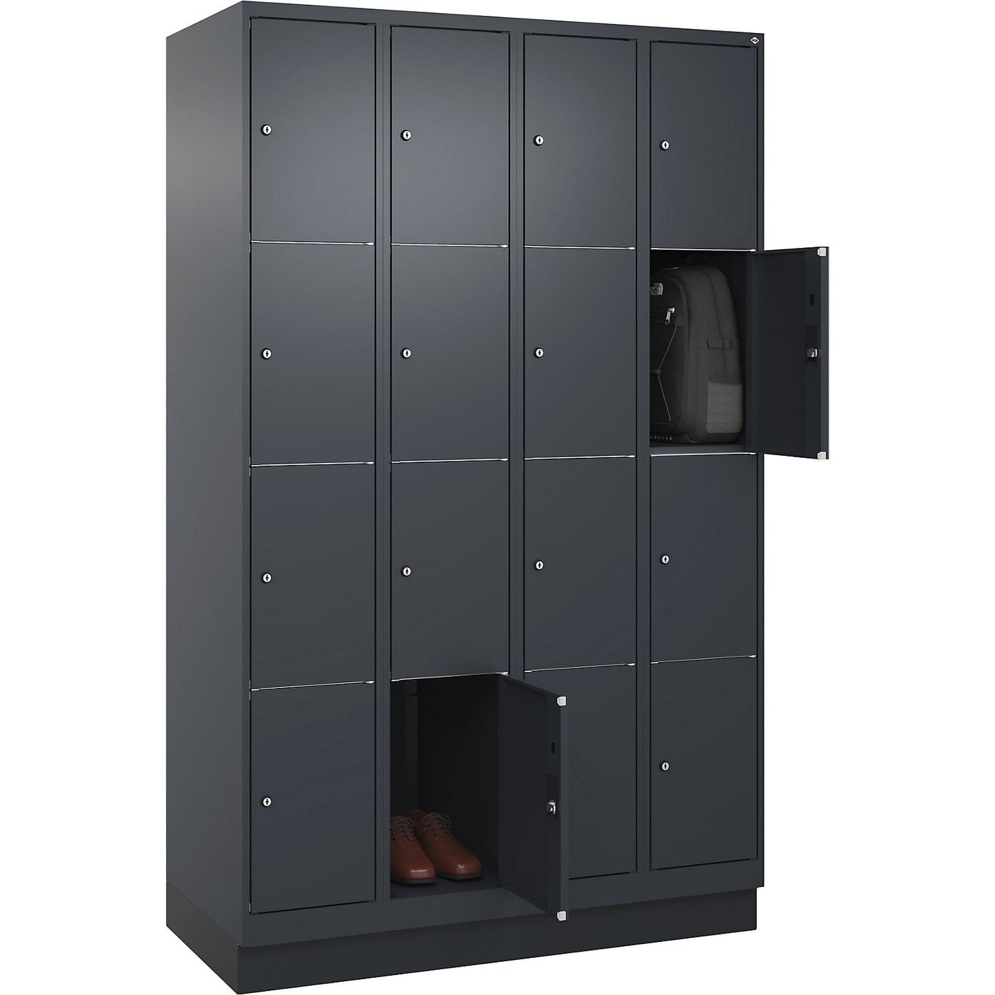 Classic PLUS 4-fold compartment locker, 4 compartments, grey, W 1200 mm, 16 compartments, with base plinth.