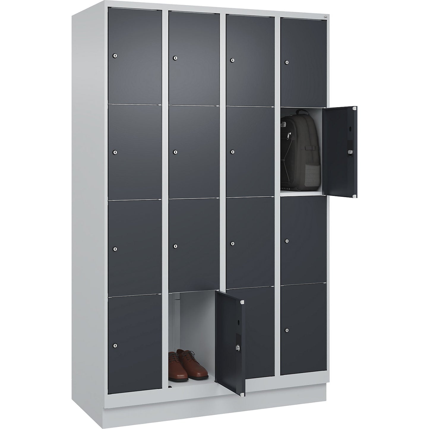 Classic PLUS 4-fold compartment locker, 4 compartments, light grey/grey, W 1200 mm, 16 compartments, with base plinth.