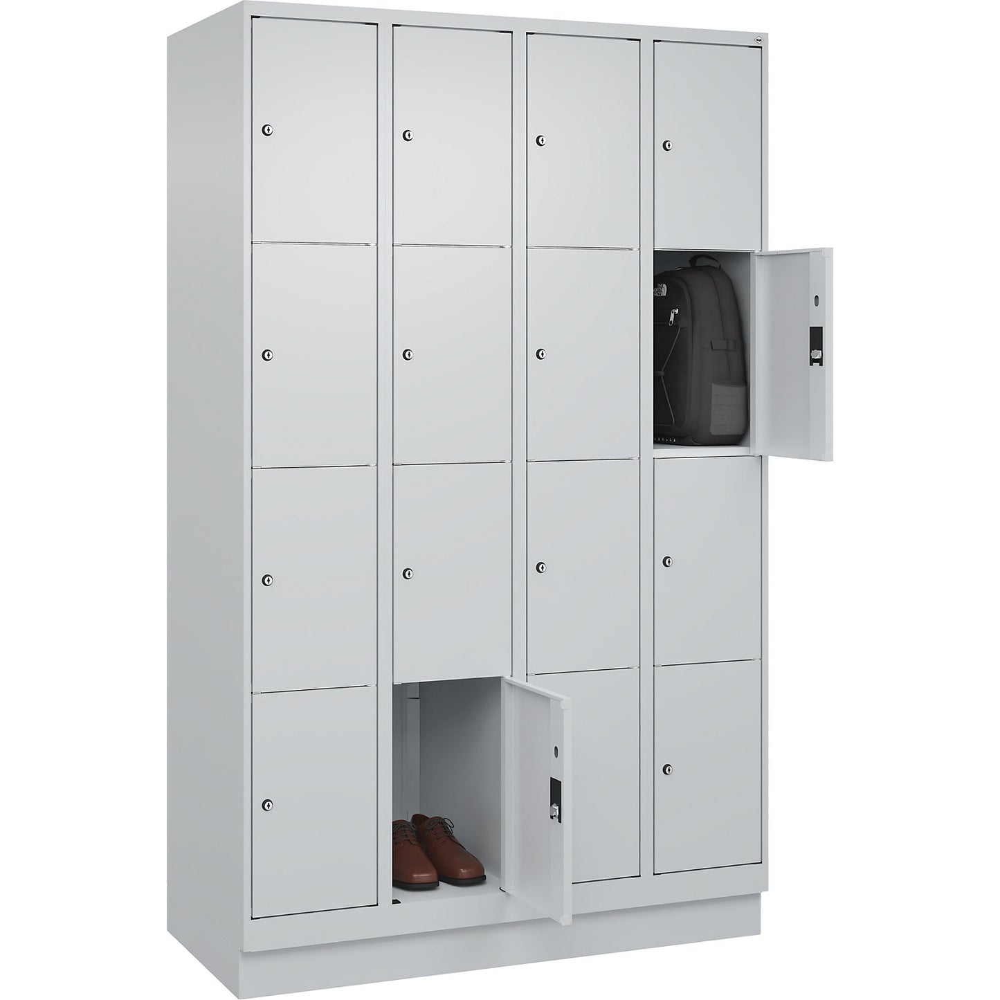 Classic PLUS 4-fold compartment locker, 4 compartments, light grey, W 1200 mm, 16 compartments, with base plinth.