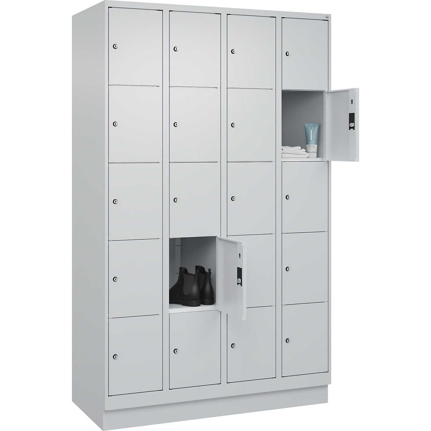 Classic PLUS 5-fold compartment locker, 4 compartments, light grey, W 1200 mm, 20 compartments, with base plinth.