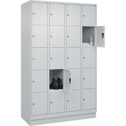 Classic PLUS 5-fold compartment locker, 4 compartments, light grey, W 1200 mm, 20 compartments, with base plinth.