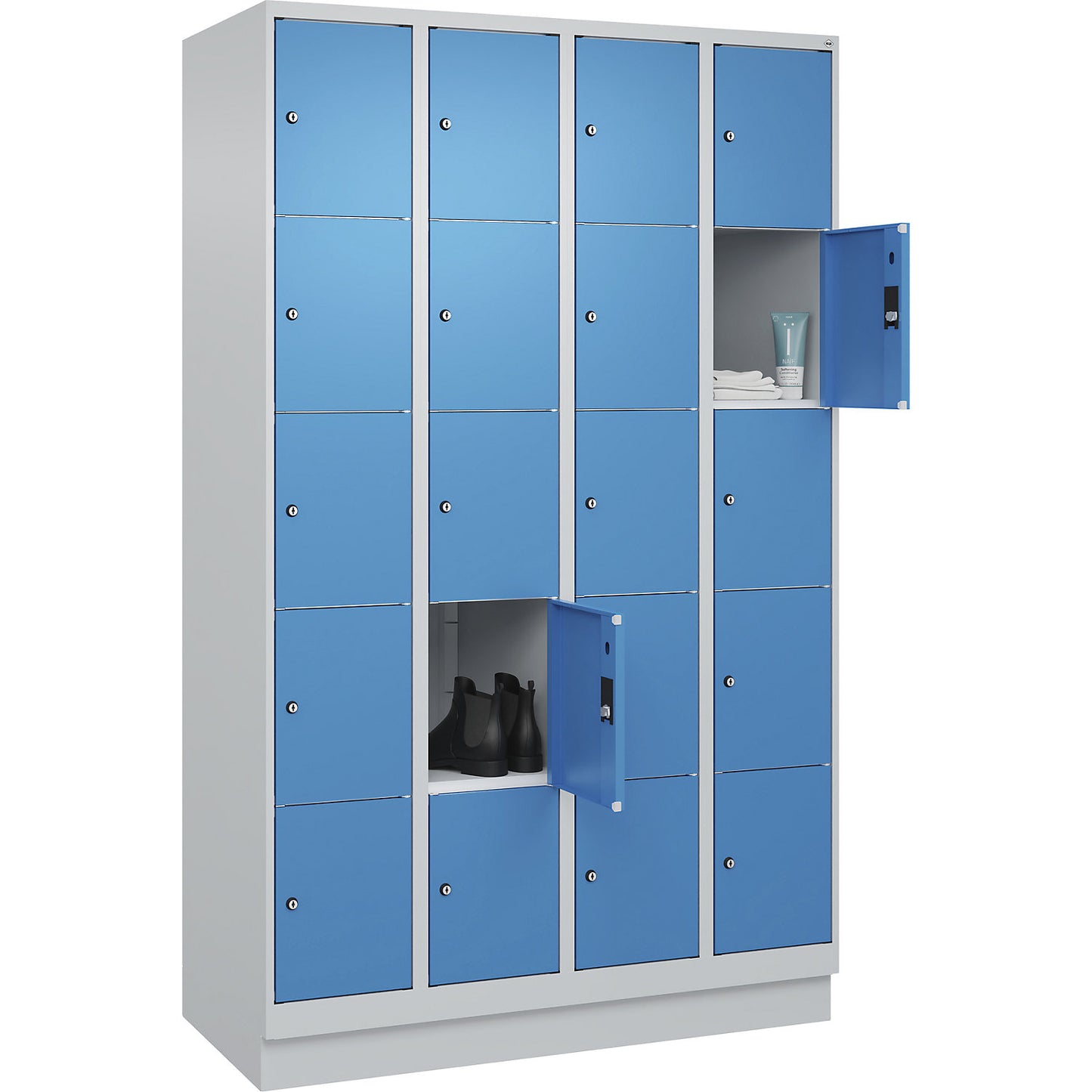 Classic PLUS 5-fold compartment locker, 4 compartments, light grey/light blue, W 1200 mm, 20 compartments, with base plinth.