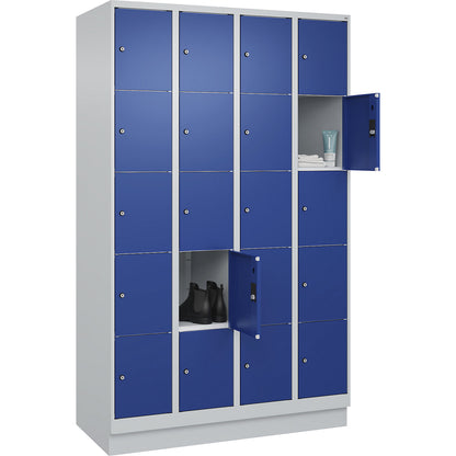 Classic PLUS 5-fold compartment locker, 4 compartments, light grey/gentian blue, W 1200 mm, 20 compartments, with base plinth.