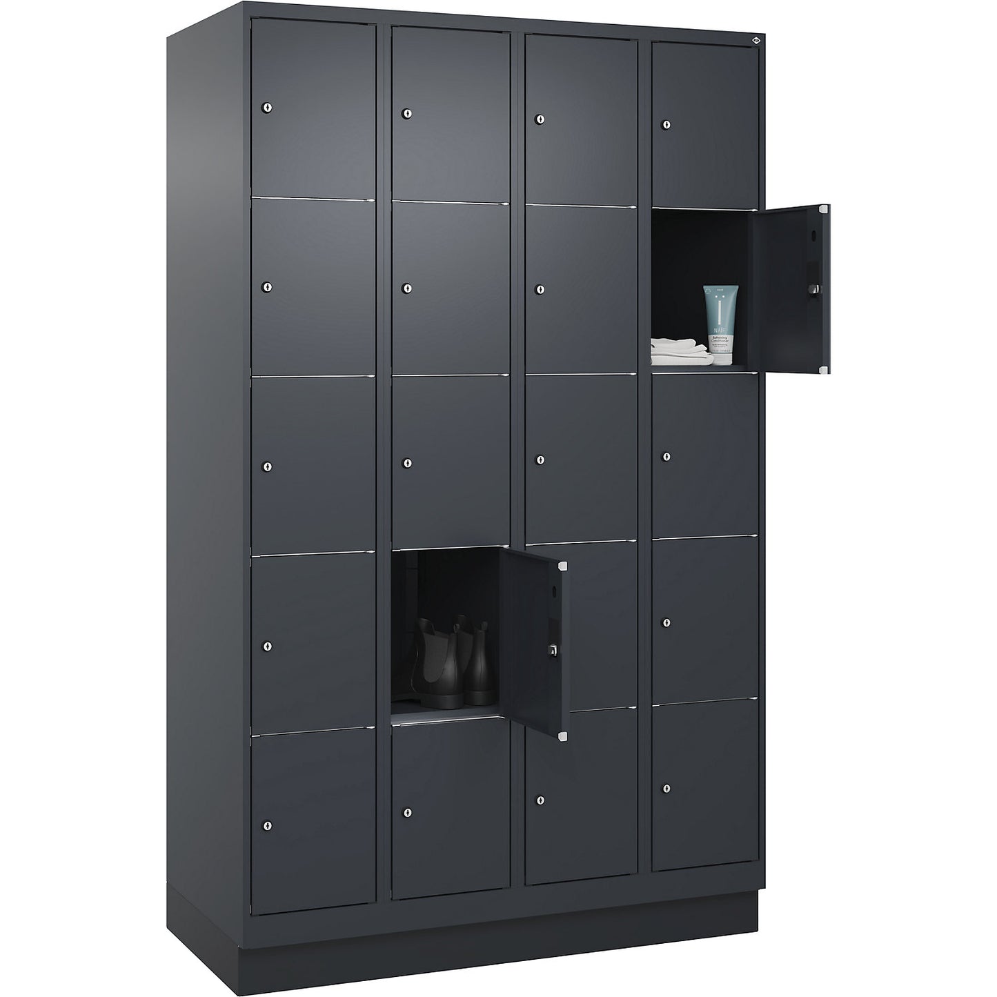 Classic PLUS 5-fold compartment locker, 4 compartments, grey, W 1200 mm, 20 compartments, with base plinth.
