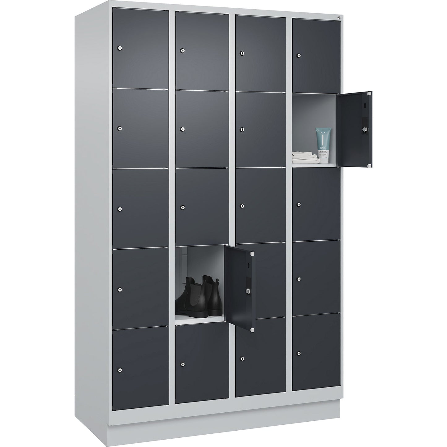 Classic PLUS 5-fold compartment locker, 4 compartments, light grey/grey, W 1200 mm, 20 compartments, with base plinth.
