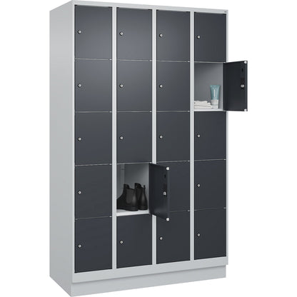 Classic PLUS 5-fold compartment locker, 4 compartments, light grey/grey, W 1200 mm, 20 compartments, with base plinth.