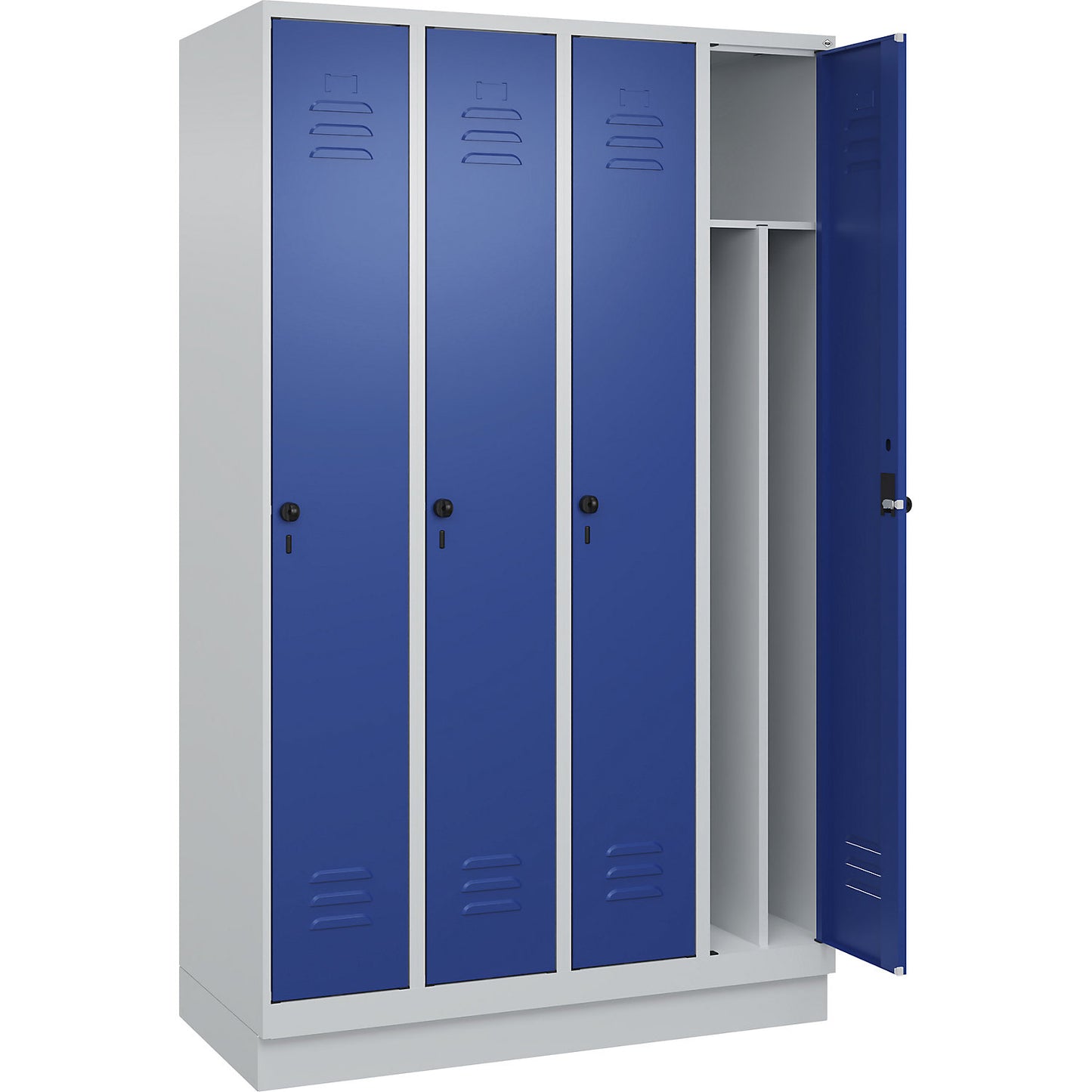 Classic PLUS clean and dirty clothes locker, narrow, 4 compartments, shortened centre divider, light grey/gentian blue, W 1200 mm, with base plinth, rotary bolt, centre partition.