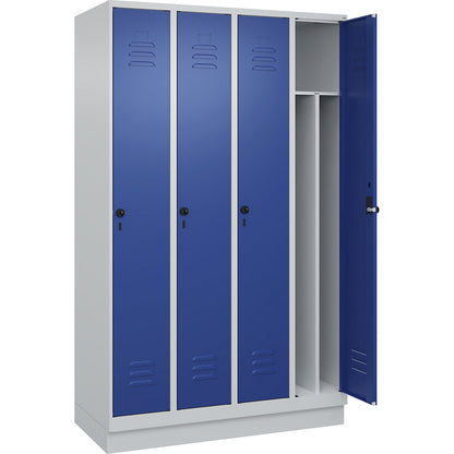 Classic PLUS clean and dirty clothes locker, narrow, 4 compartments, shortened centre divider, light grey/gentian blue, W 1200 mm, with base plinth, rotary bolt, centre partition.