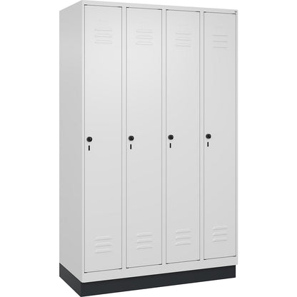 Classic PLUS clean and dirty clothes locker, narrow, 4 compartments, shortened centre divider, traffic white, W 1200 mm, with base plinth, rotary bolt, centre partition.
