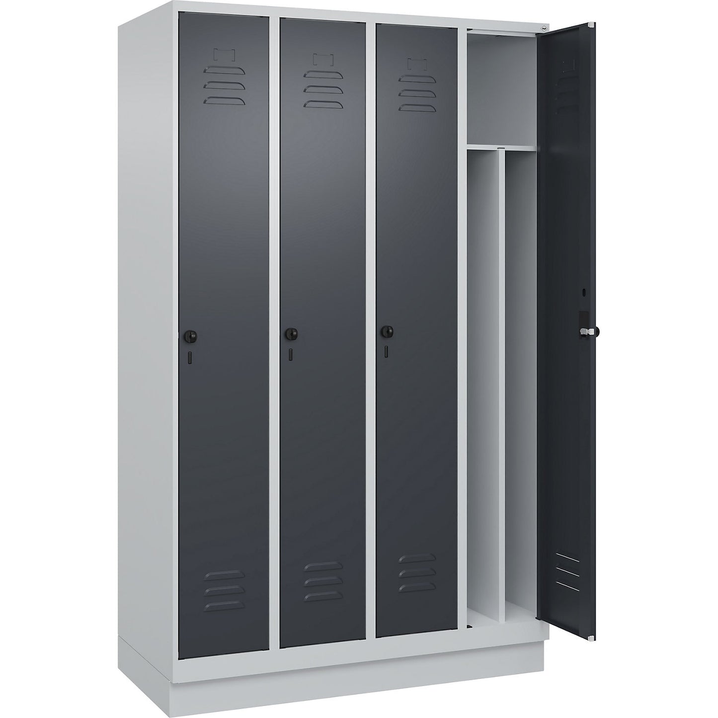 Classic PLUS clean and dirty clothes locker, narrow, 4 compartments, shortened centre divider, light grey/grey, W 1200 mm, with base plinth, rotary bolt, centre partition.