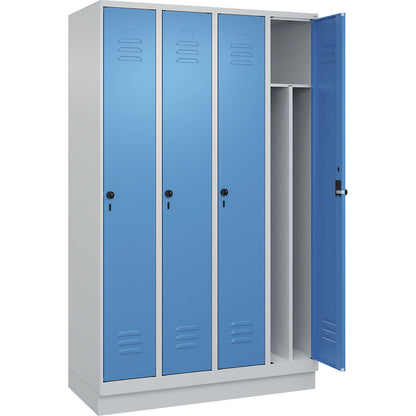 Classic PLUS clean and dirty clothes locker, narrow, 4 compartments, shortened centre divider, light grey/light blue, W 1200 mm, with base plinth, rotary bolt, centre partition.