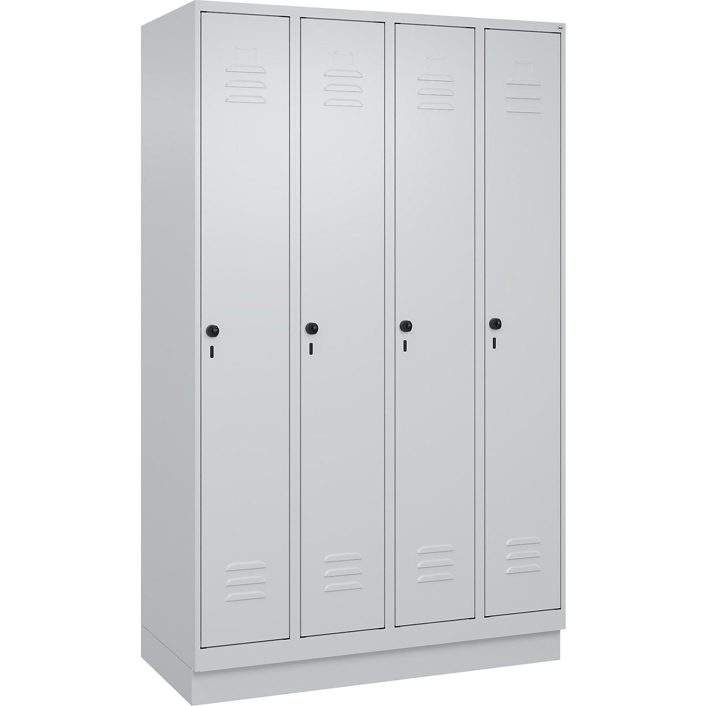 Classic PLUS clean and dirty clothes locker, narrow, 4 compartments, shortened centre divider, light grey, W 1200 mm, with base plinth, rotary bolt, centre partition.
