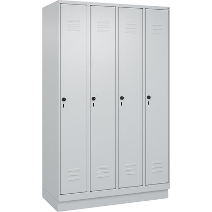 Classic PLUS clean and dirty clothes locker, narrow, 4 compartments, shortened centre divider, light grey, W 1200 mm, with base plinth, rotary bolt, centre partition.