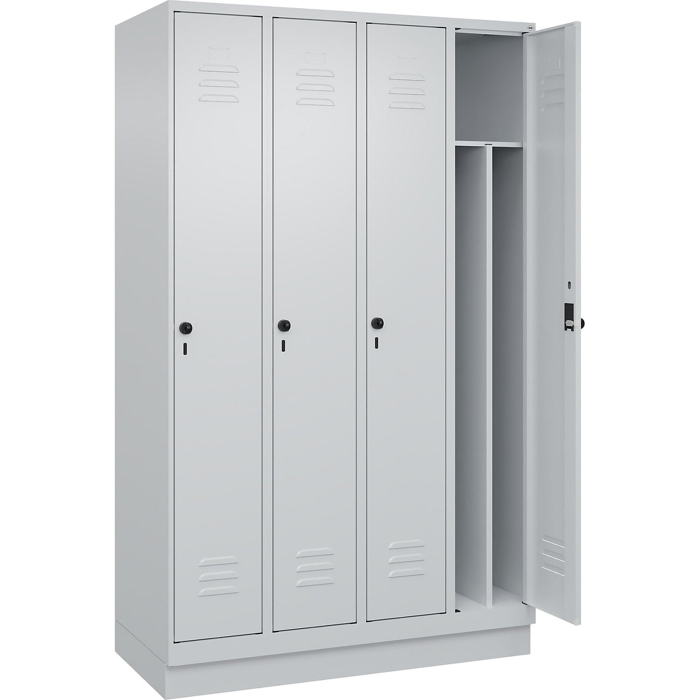 Classic PLUS clean and dirty clothes locker, narrow, 4 compartments, shortened centre divider, light grey, W 1200 mm, with base plinth, rotary bolt, centre partition.